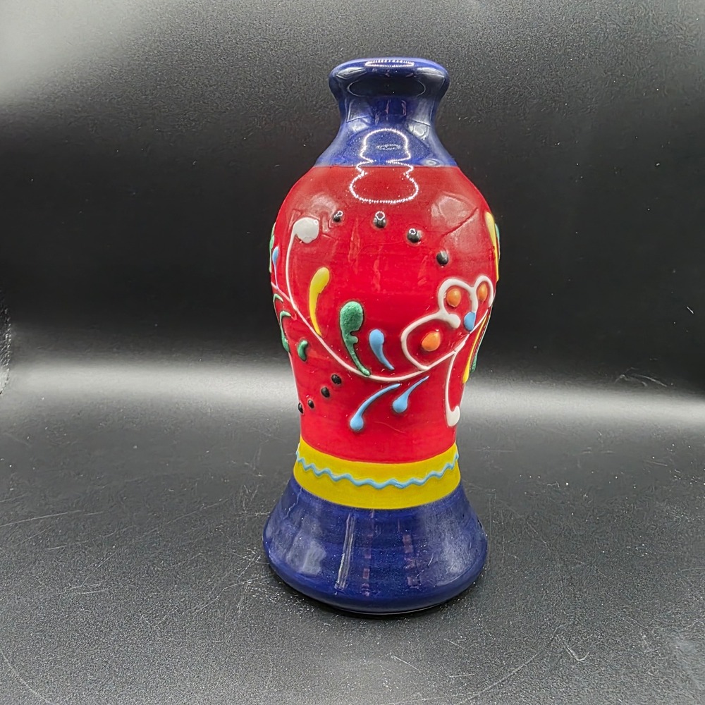 Ceramicas Anoru Spain Hand Painted Ceramic Vase Red Blue Floral 7.25 Inch Vtg